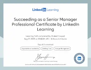 linkedin succeeding as a senior manager professional certificate خالد السيد سقاوة ، مدير إدارة تكنولوجيا المعلومات بخبرة واسعة في البنية التحتية والتحول الرقمي. قاد مشروعات كبرى في أنظمة ERP، إدارة الشبكات، وأمن المعلومات. شغوف بابتكار حلول تقنية تعزز كفاءة المؤسسات، ويمزج بين خبرة تقنية قوية ورؤية استراتيجية تواكب التطورات العالمية. Khaled Elsayed Sqawa, IT Director with extensive expertise in infrastructure and digital transformation. Led major projects in ERP systems, network management, and cybersecurity. Passionate about driving innovation, delivering efficient technology solutions, and combining strong technical skills with a forward-looking strategic vision.