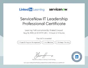 linkedin servicenow it leadership professional certificate خالد السيد سقاوة ، مدير إدارة تكنولوجيا المعلومات بخبرة واسعة في البنية التحتية والتحول الرقمي. قاد مشروعات كبرى في أنظمة ERP، إدارة الشبكات، وأمن المعلومات. شغوف بابتكار حلول تقنية تعزز كفاءة المؤسسات، ويمزج بين خبرة تقنية قوية ورؤية استراتيجية تواكب التطورات العالمية. Khaled Elsayed Sqawa, IT Director with extensive expertise in infrastructure and digital transformation. Led major projects in ERP systems, network management, and cybersecurity. Passionate about driving innovation, delivering efficient technology solutions, and combining strong technical skills with a forward-looking strategic vision.