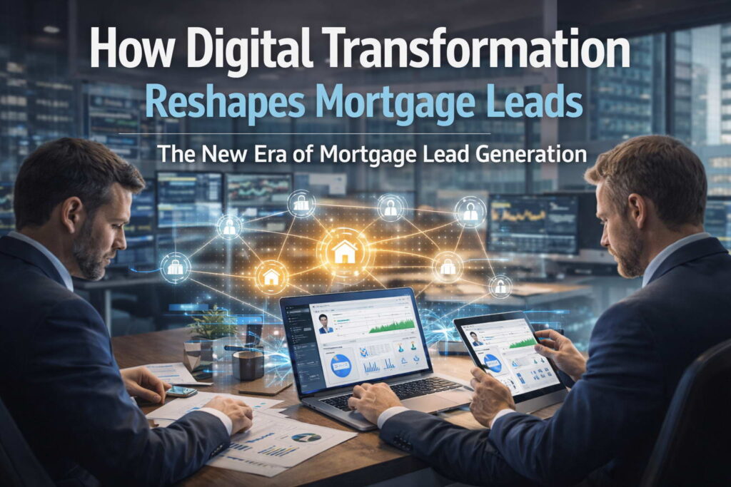 How Digital Transformation Is Reshaping Mortgage & Real Estate Leads in 2026 2 CRM interface showcasing aged mortgage leads, AI generated real estate leads, and high-quality aggregate mortgage leads for targeted marketing campaigns.