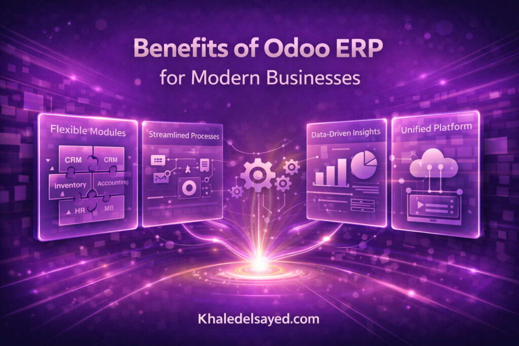 Benefits of Odoo ERP for modern businesses showing integrated dashboard with CRM, accounting, and inventory modules enhancing operational efficiency.
