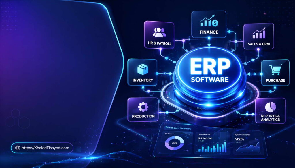 ERP software definition showcasing integrated enterprise resource planning system with core features and business benefits across finance, HR, and operations by the IT Leader Khaled Elsayed Sqawa