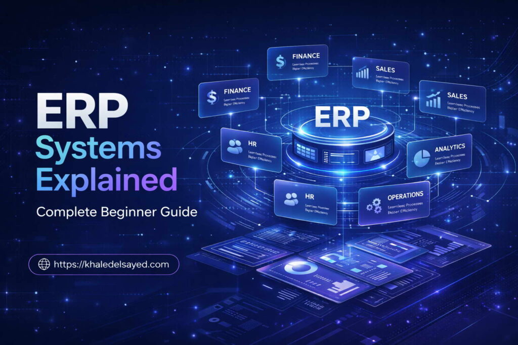 ERP systems explained for beginners showing enterprise resource planning dashboard integrating finance, HR, and operations for streamlined business processes by the IT Leader Khaled Elsayed Sqawa