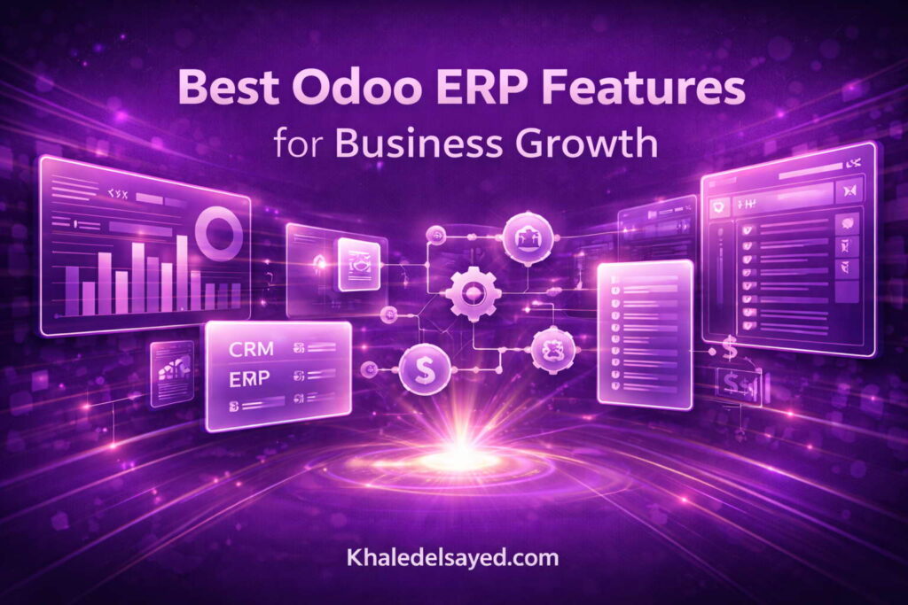 Best Odoo ERP features for business growth showcasing integrated CRM, accounting, and inventory modules driving efficiency and scalability by the IT Leader Khaled Elsayed Sqawa