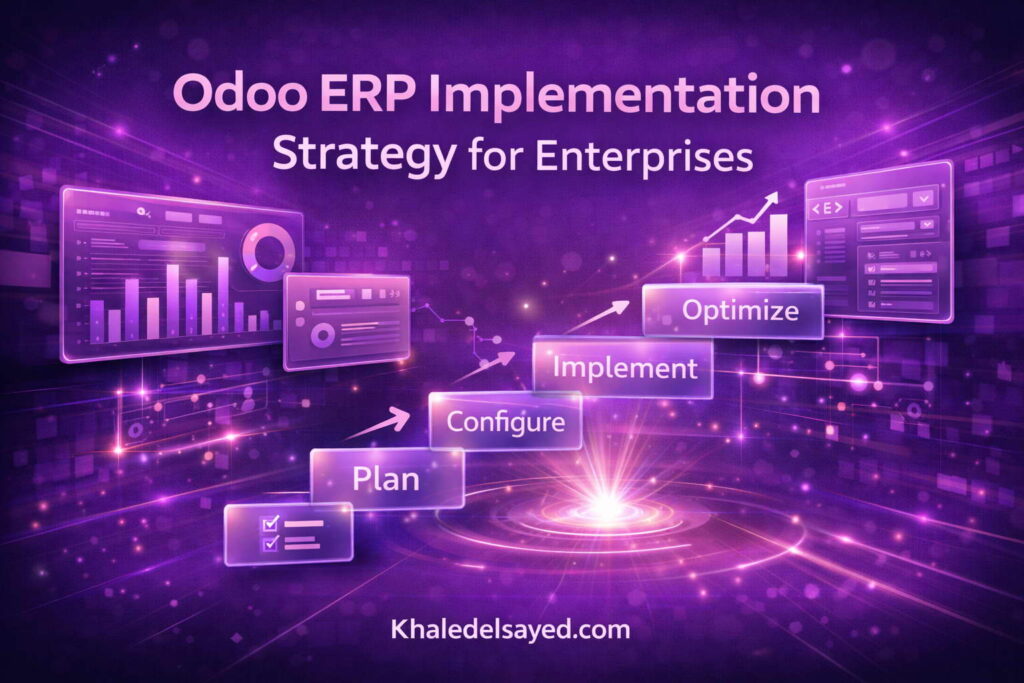 Odoo ERP implementation strategy for enterprises showing system deployment roadmap, workflow integration, and enterprise resource planning architecture.