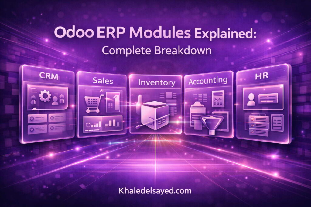 Odoo ERP modules dashboard displaying accounting, CRM, inventory, and HR modules integrated within a unified enterprise resource planning system.