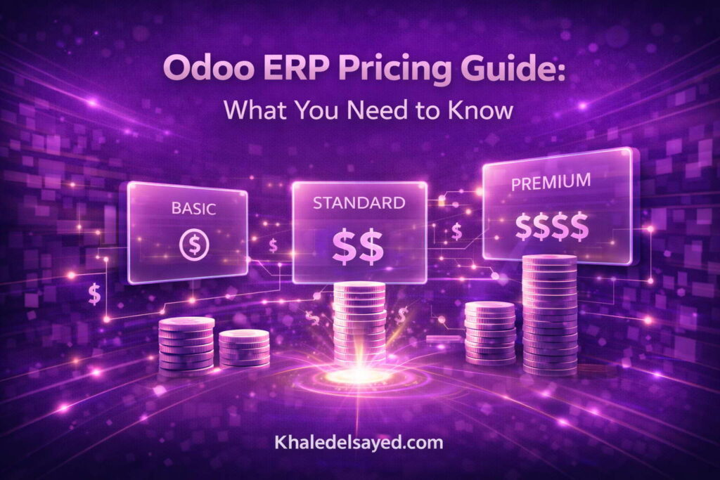 Odoo ERP pricing guide dashboard displaying subscription plans, cost breakdown, and feature tiers for businesses evaluating ERP solutions.