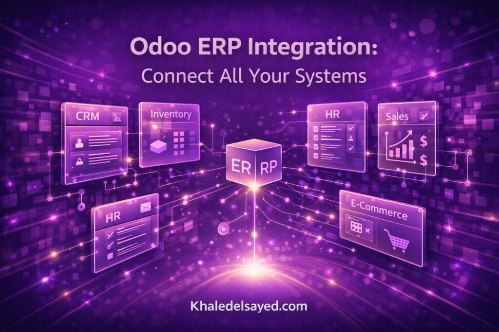 Odoo ERP integration showcasing seamless connection between CRM, accounting, and inventory systems to unify business operations by the IT Leader Khaled Elsayed Sqawa