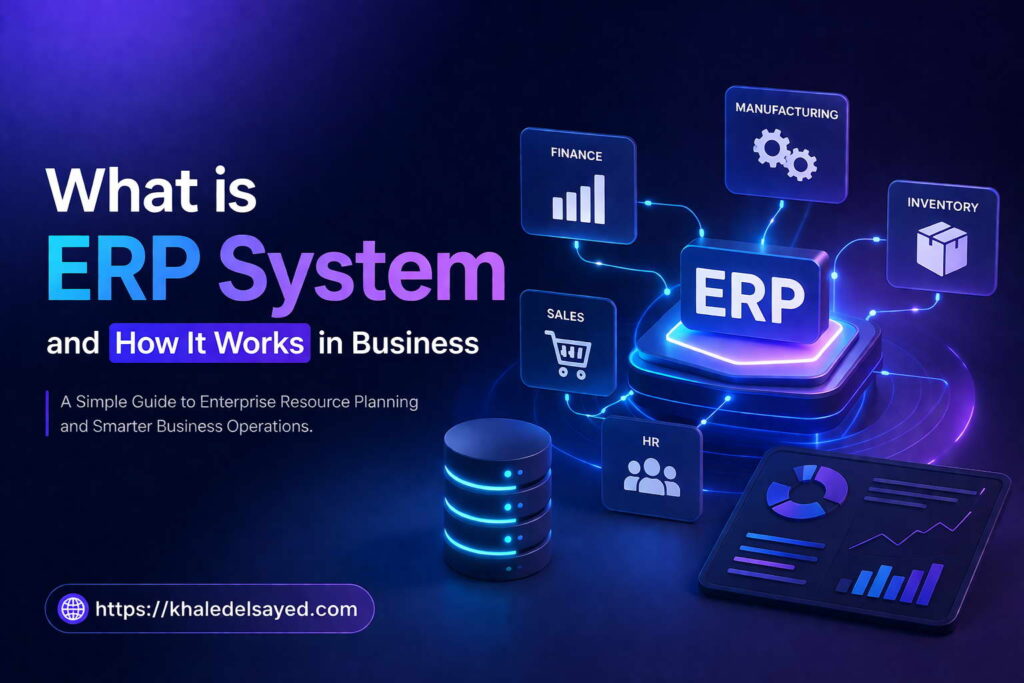ERP system overview illustrating how enterprise resource planning integrates finance, HR, and operations to streamline business processes by the IT Leader Khaled Elsayed Sqawa