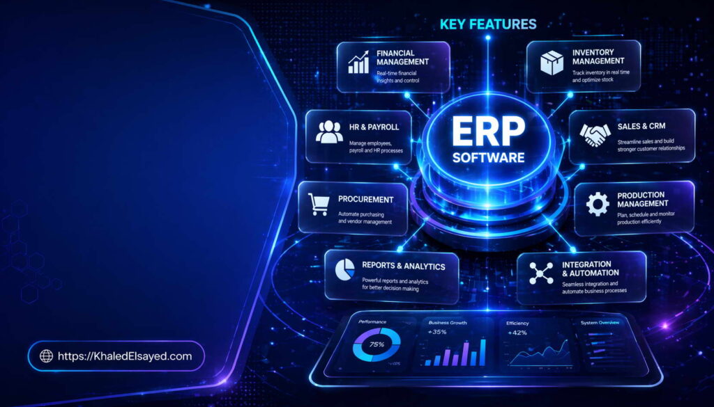 ERP software interface illustrating key features such as automation, real-time analytics, and centralized data management for improved business performance by the IT Leader Khaled Elsayed Sqawa