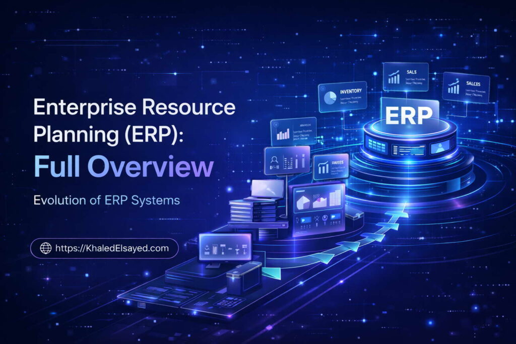 ERP system full overview dashboard illustrating real-time data management, workflow automation, and enterprise-wide performance tracking by the IT Leader Khaled Elsayed Sqawa