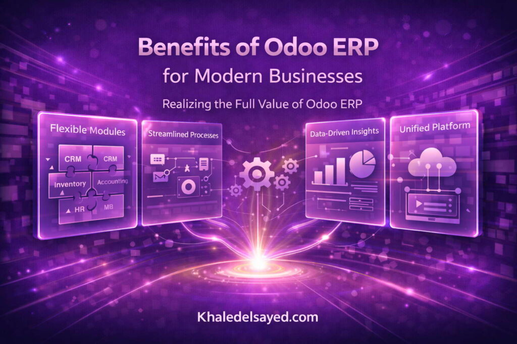 Odoo ERP system demonstrating key advantages for modern businesses including automation, real-time analytics, and centralized business management.