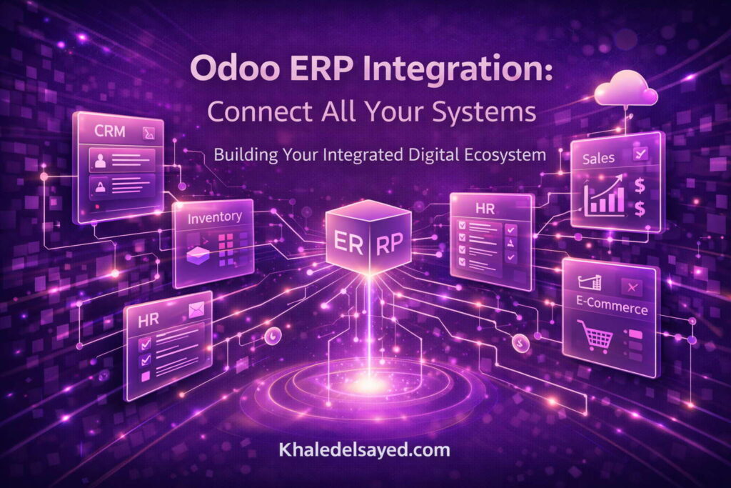 Odoo ERP system demonstrating advanced integration capabilities linking multiple enterprise platforms and automating data flow across departments by the IT Leader Khaled Elsayed Sqawa