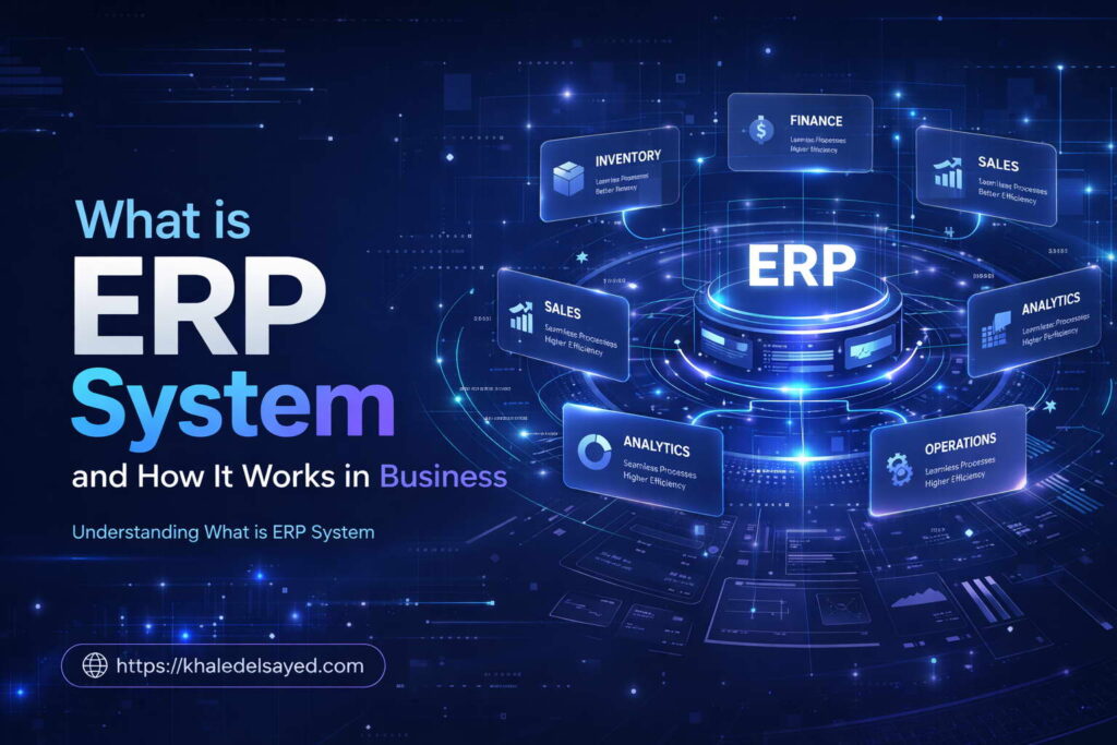 How ERP system works in business showing centralized data management, workflow automation, and real-time reporting across departments by the IT Leader Khaled Elsayed Sqawa