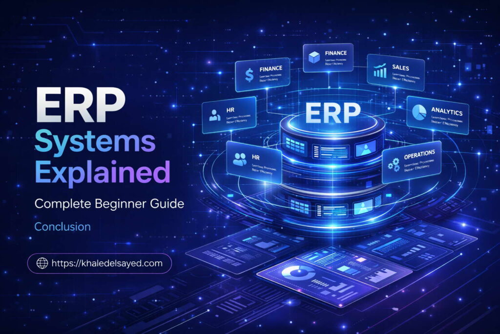 ERP system interface demonstrating core modules such as accounting, inventory, and CRM designed to optimize business operations for beginners by the IT Leader Khaled Elsayed Sqawa