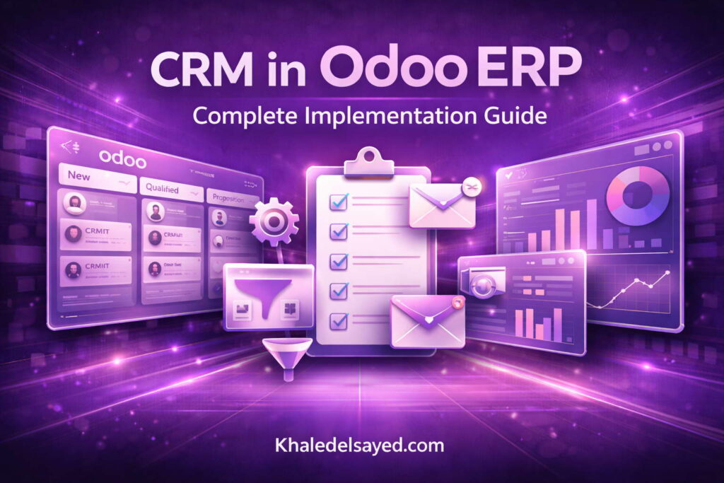 Odoo CRM module interface within Odoo ERP software demonstrating contact management, deal stages, and business process automation.