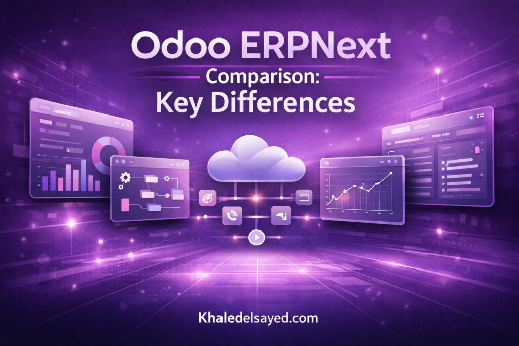 Comparison view of Odoo ERP vs ERPNext platforms illustrating key differences, pricing models, and implementation strategies for enterprise solutions.