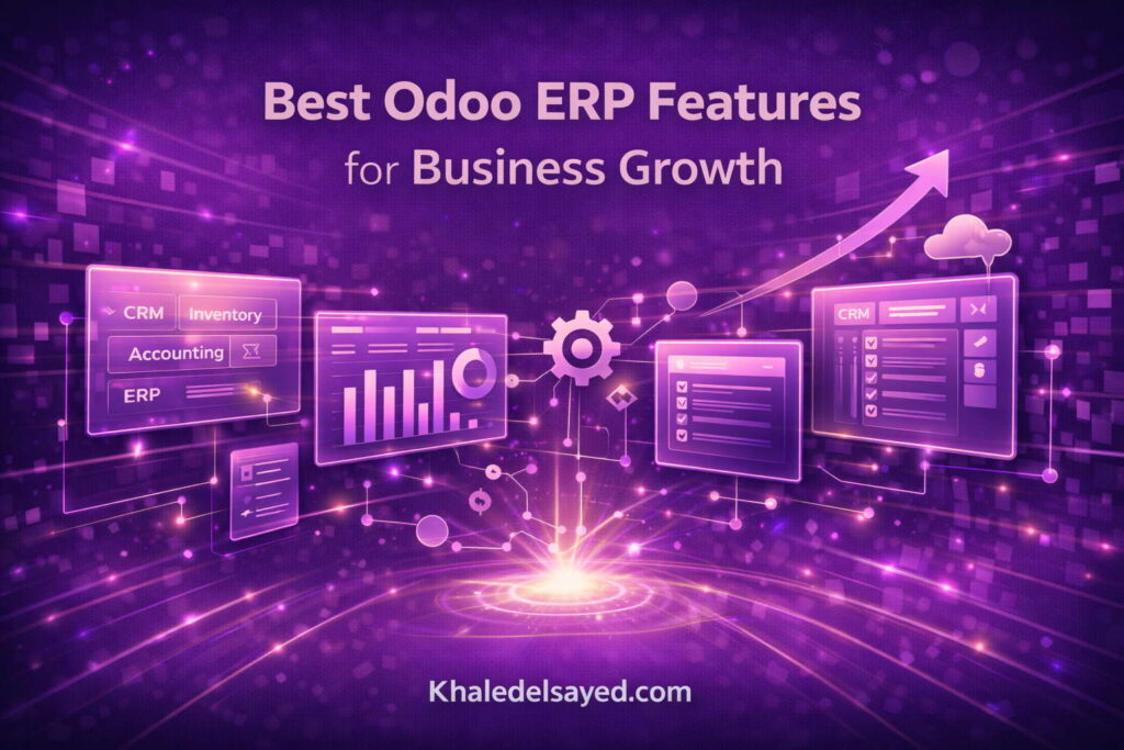 Odoo ERP software interface demonstrating key features for business growth such as workflow optimization, data management, and operational efficiency by the IT Leader Khaled Elsayed Sqawa