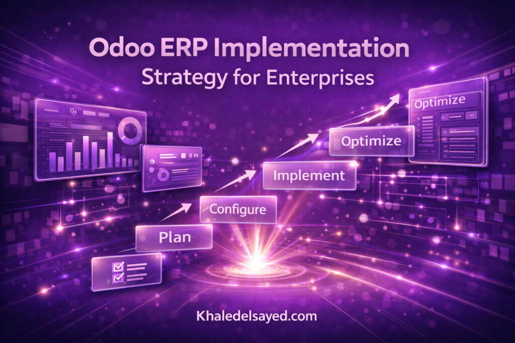 Odoo ERP deployment for large enterprises highlighting data migration, module customization, and scalable ERP system integration strategy