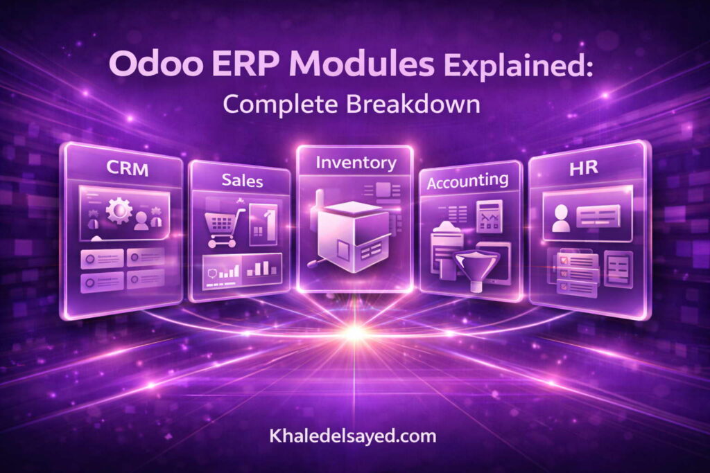 Odoo ERP system interface showcasing detailed module breakdown including CRM, manufacturing, inventory, and reporting tools for business efficiency.