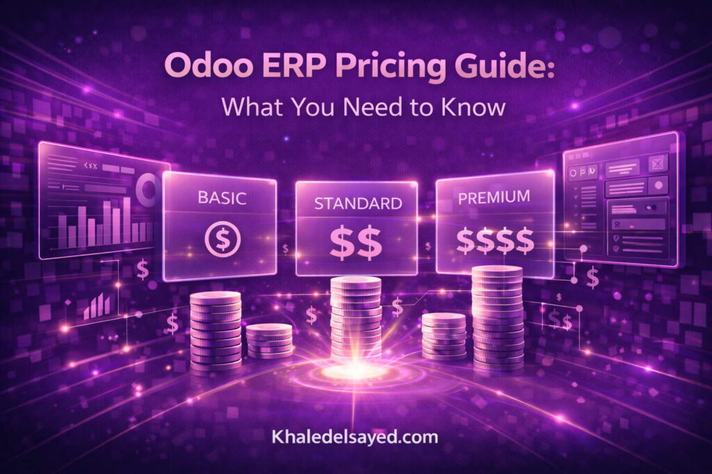 Odoo ERP software interface showing pricing details, licensing models, and value-based features for enterprise resource planning systems.