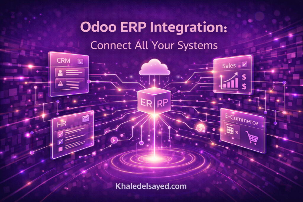 Enterprise-level Odoo ERP integration illustrating real-time data synchronization, API connectivity, and centralized system management by the IT Leader Khaled Elsayed Sqawa
