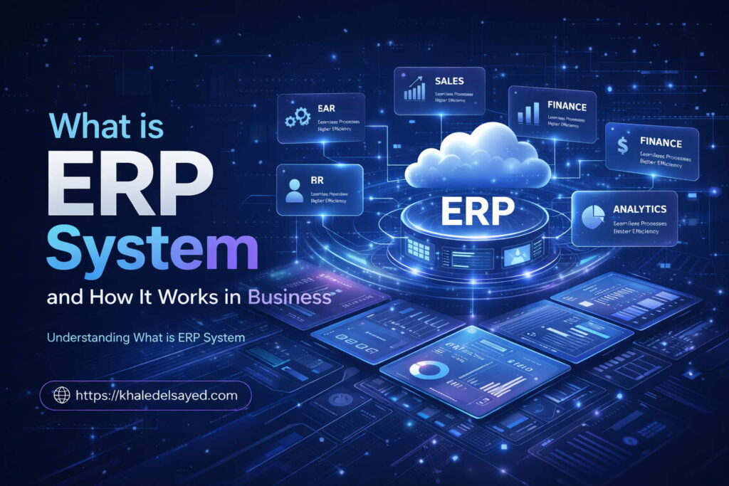 Enterprise resource planning system dashboard demonstrating how ERP software connects business functions and improves operational efficiency by the IT Leader Khaled Elsayed Sqawa