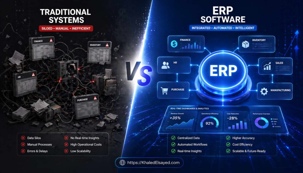 ERP software system demonstrating features like workflow automation, inventory control, and reporting tools to enhance operational efficiency by the IT Leader Khaled Elsayed Sqawa