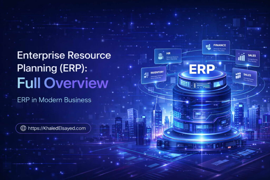 ERP platform interface presenting business process automation, reporting tools, and scalable enterprise management solutions in one system by the IT Leader Khaled Elsayed Sqawa