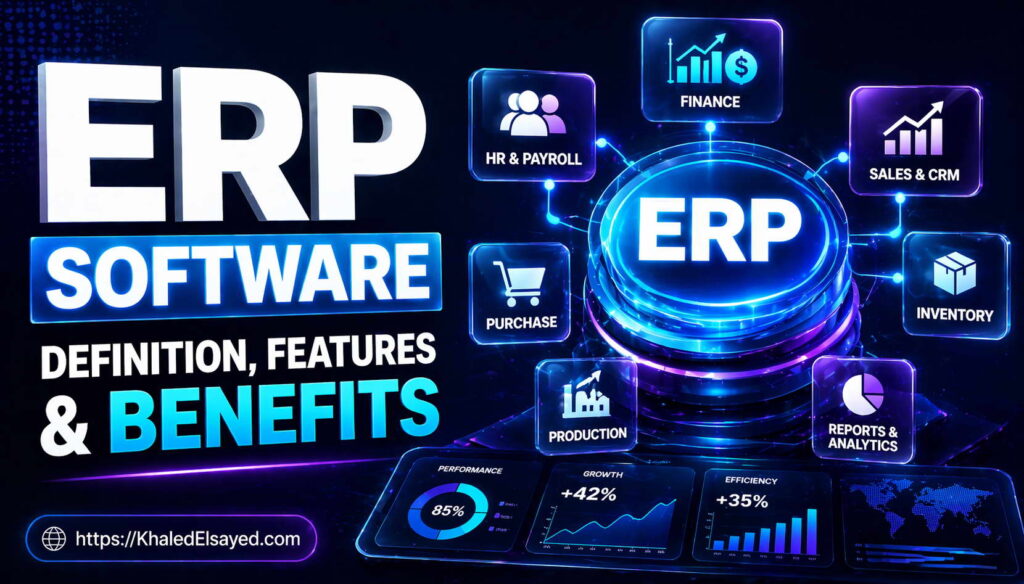 ERP system platform presenting business benefits including cost reduction, productivity improvement, and seamless integration across departments by the IT Leader Khaled Elsayed Sqawa