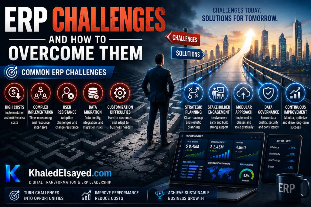 ERP challenges overview illustrating common implementation issues, system integration obstacles, and business process optimization solutions by the IT Leader Khaled Elsayed Sqawa