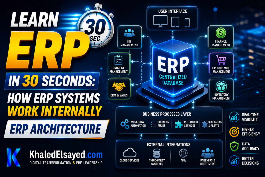 Learn ERP in 30 seconds through an internal ERP system architecture diagram showing database connectivity, workflow automation, and module communication by the IT Leader Khaled Elsayed Sqawa