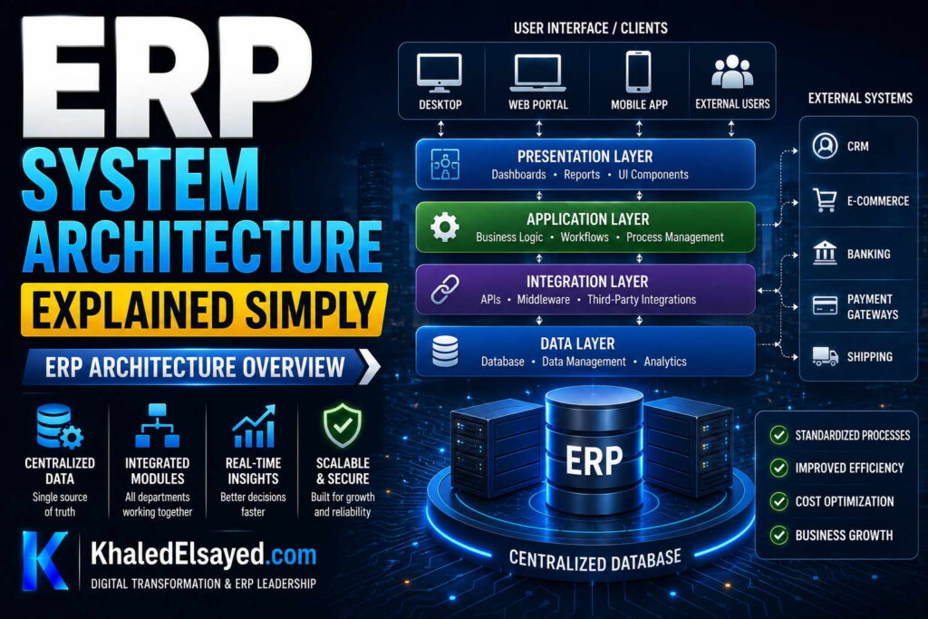 ERP system architecture explained simply through enterprise resource planning diagrams showing integrated business modules and centralized data flow by the IT Leader Khaled Elsayed Sqawa