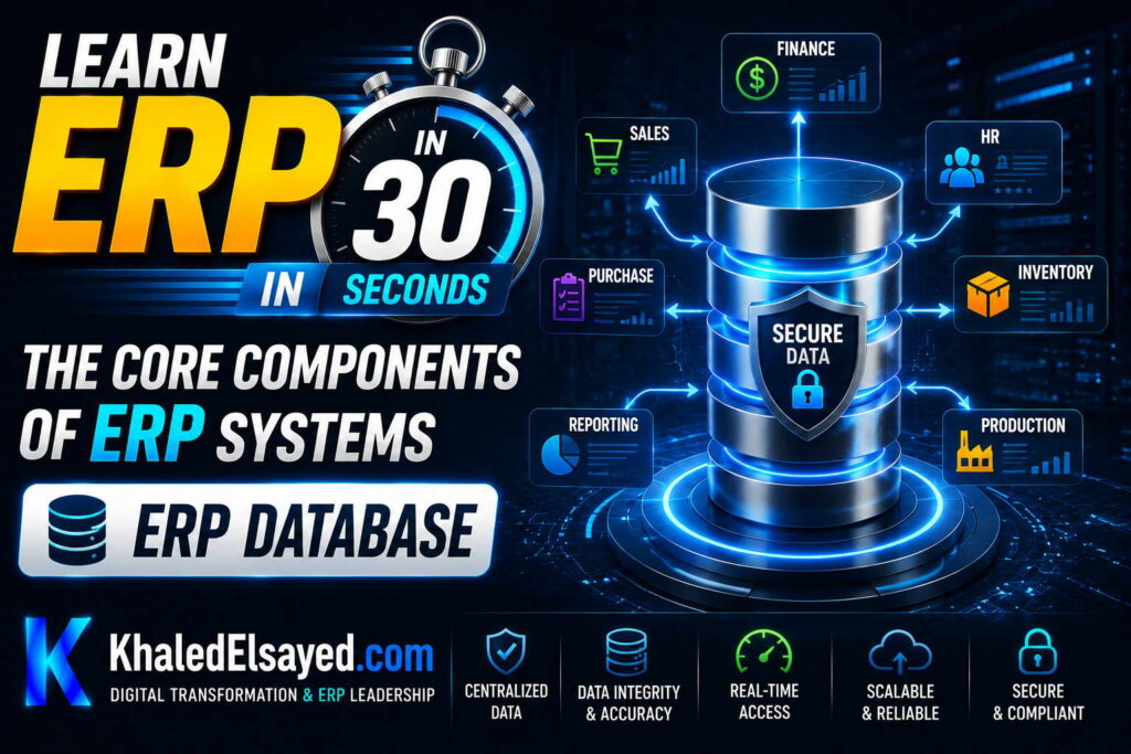 Learn ERP in 30 seconds through a visual overview of the core components of ERP systems including finance, HR, CRM, and inventory modules by the IT Leader Khaled Elsayed Sqawa