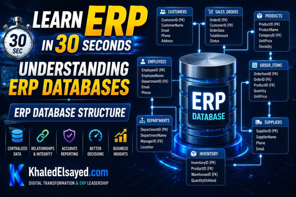 Learn ERP in 30 seconds through an ERP database architecture diagram showing centralized data storage and enterprise system connectivity by the IT Leader Khaled Elsayed Sqawa