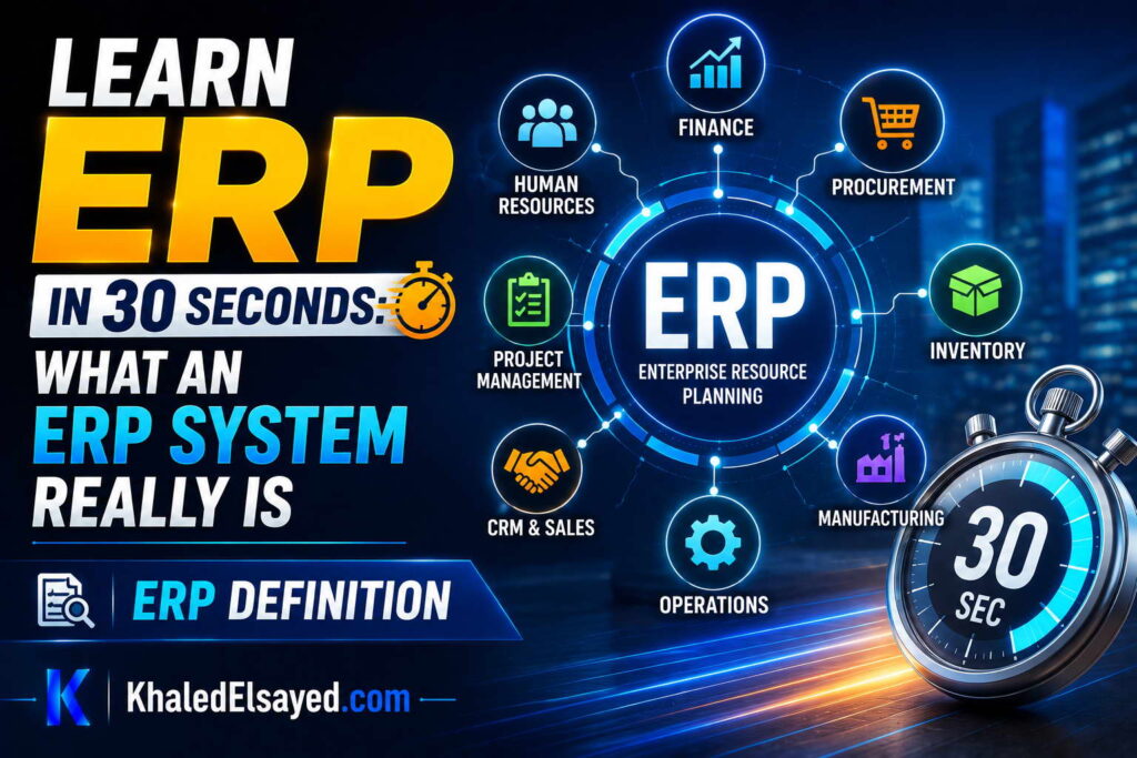 Learn ERP in 30 seconds through a simplified enterprise resource planning dashboard explaining how ERP systems manage business operations efficiently by the IT Leader Khaled Elsayed Sqawa