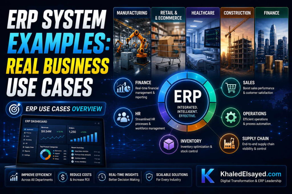 ERP system examples showcasing real business use cases in finance, inventory management, and customer operations across modern enterprises by the IT Leader Khaled Elsayed Sqawa