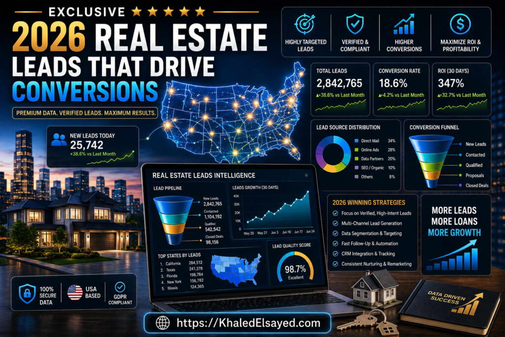 Exclusive 2026 real estate leads designed to drive higher conversions through verified buyer and seller data for U.S. real estate professionals by the IT Leader Khaled Elsayed Sqawa