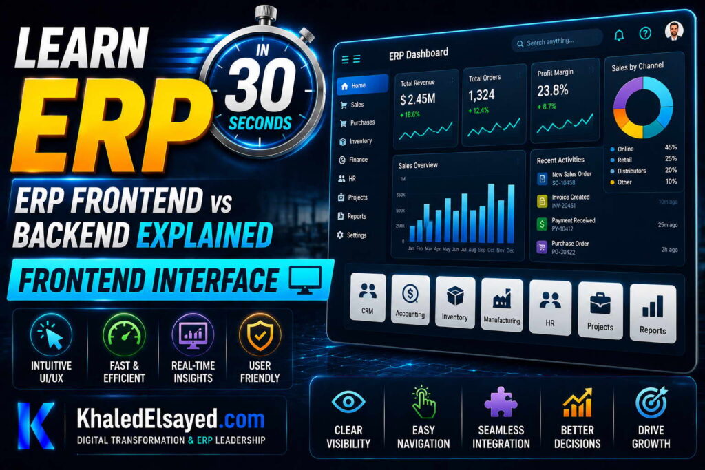 ERP frontend vs backend explained through enterprise system architecture showing user interfaces, server logic, and database integration by the IT Leader Khaled Elsayed Sqawa