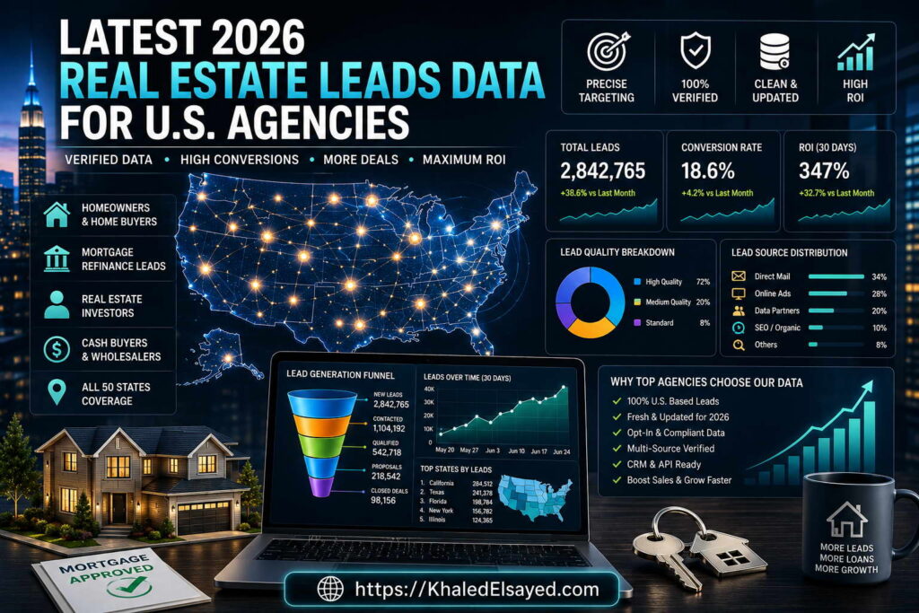Latest 2026 real estate leads data for U.S. agencies featuring verified buyer and seller contact information for targeted marketing campaigns by the IT Leader Khaled Elsayed Sqawa