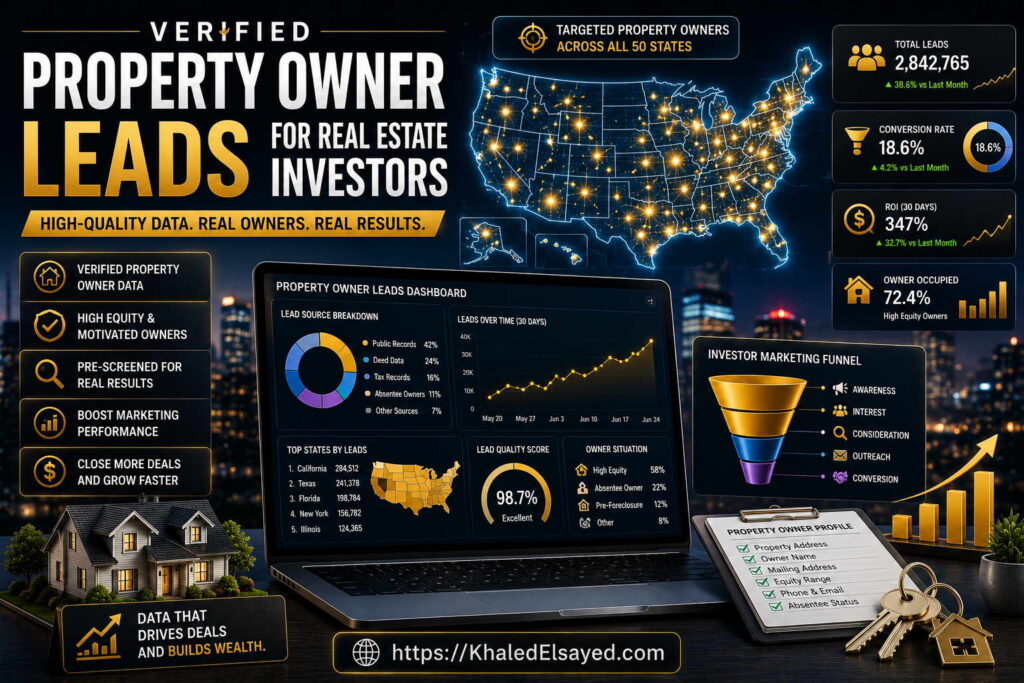 Verified property owner leads for real estate investors featuring targeted homeowner data and high-value acquisition opportunities in competitive markets by the IT Leader Khaled Elsayed Sqawa