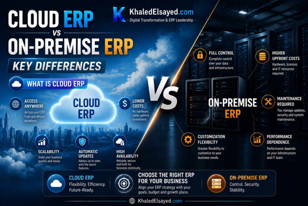 Cloud ERP vs on-premise ERP comparison dashboard illustrating differences in deployment, scalability, infrastructure, and operational flexibility by the IT Leader Khaled Elsayed Sqawa