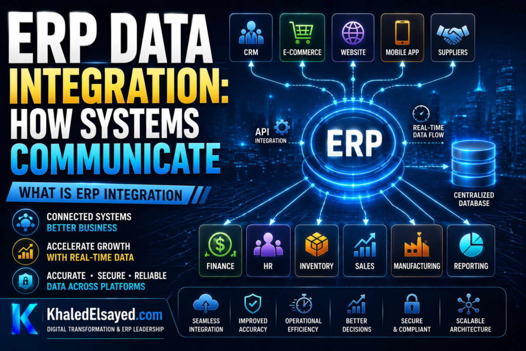 ERP data integration architecture illustrating how enterprise systems communicate through real-time synchronization and centralized business workflows by the IT Leader Khaled Elsayed Sqawa