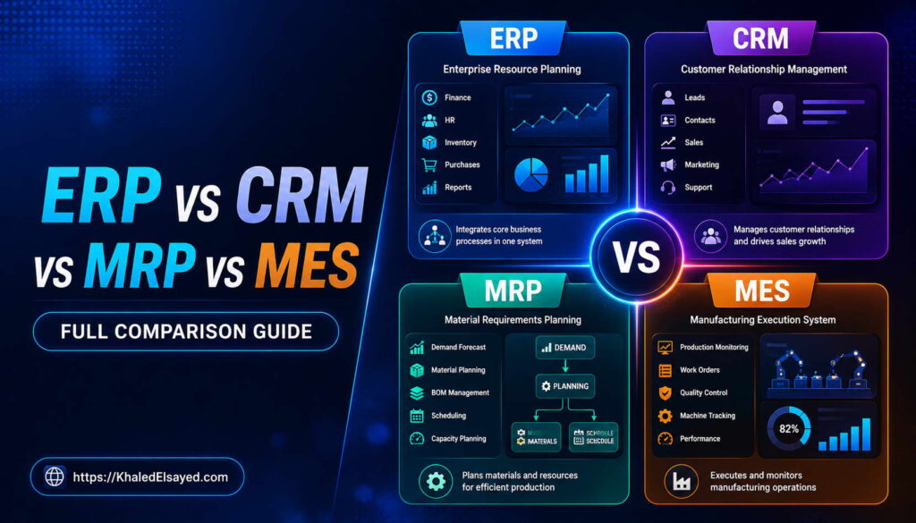 ERP vs CRM vs MRP vs MES comparison dashboard illustrating differences between enterprise systems, manufacturing planning, and customer management platforms by the IT Leader Khaled Elsayed Sqawa