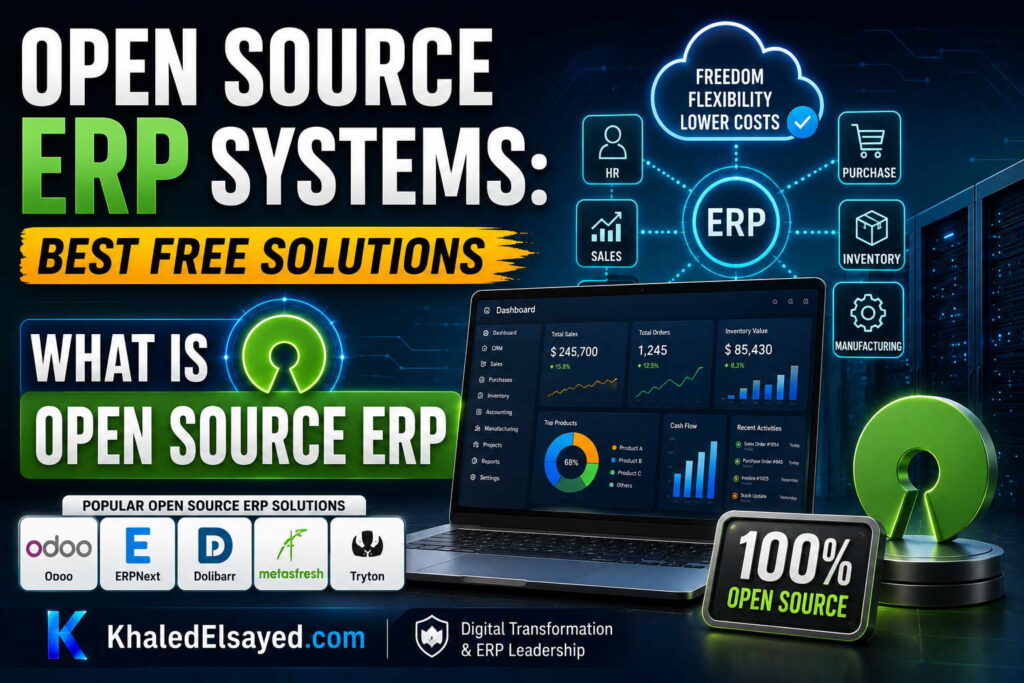 Open source ERP systems dashboard showcasing free enterprise resource planning solutions with customizable modules and business automation features by the IT Leader Khaled Elsayed Sqawa
