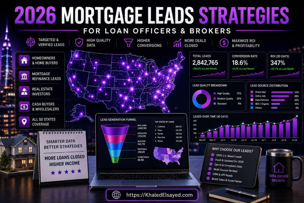 Professional mortgage lead generation strategy for 2026 showing how loan officers and mortgage brokers attract high-intent home financing prospects by the IT Leader Khaled Elsayed Sqawa
