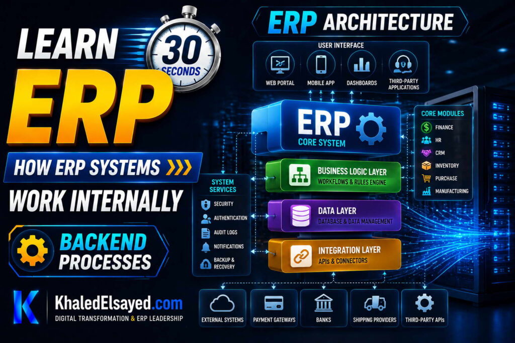How ERP systems work internally illustrated through enterprise resource planning processes, centralized data flow, and real-time business integration by the IT Leader Khaled Elsayed Sqawa