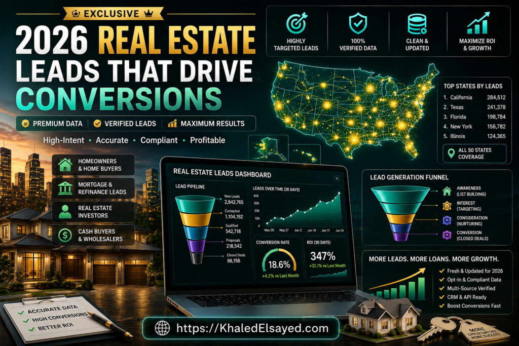 High-converting 2026 real estate leads showcasing targeted property prospect data and advanced lead generation strategies for business growth by the IT Leader Khaled Elsayed Sqawa