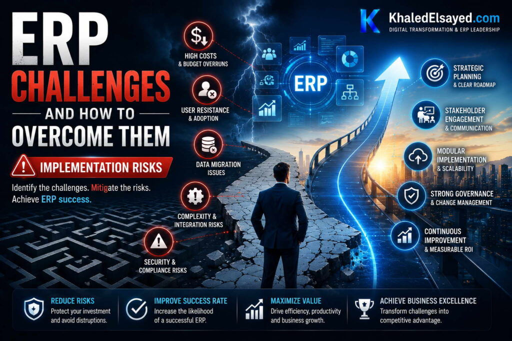 Enterprise ERP system dashboard demonstrating challenges such as data migration, user adoption, and workflow automation complexities with strategic solutions by the IT Leader Khaled Elsayed Sqawa