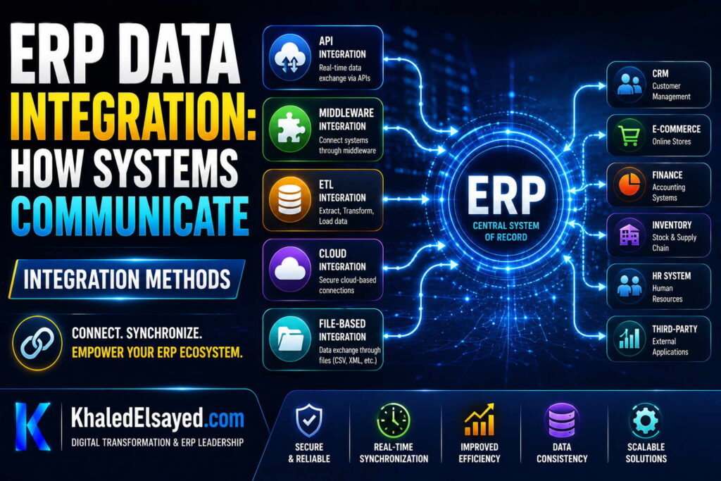 ERP system communication dashboard demonstrating seamless data integration between finance, CRM, HR, and inventory management platforms by the IT Leader Khaled Elsayed Sqawa