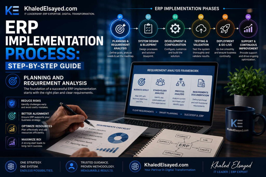 ERP system implementation roadmap showing project planning, data migration, software configuration, and user training phases by the IT Leader Khaled Elsayed Sqawa